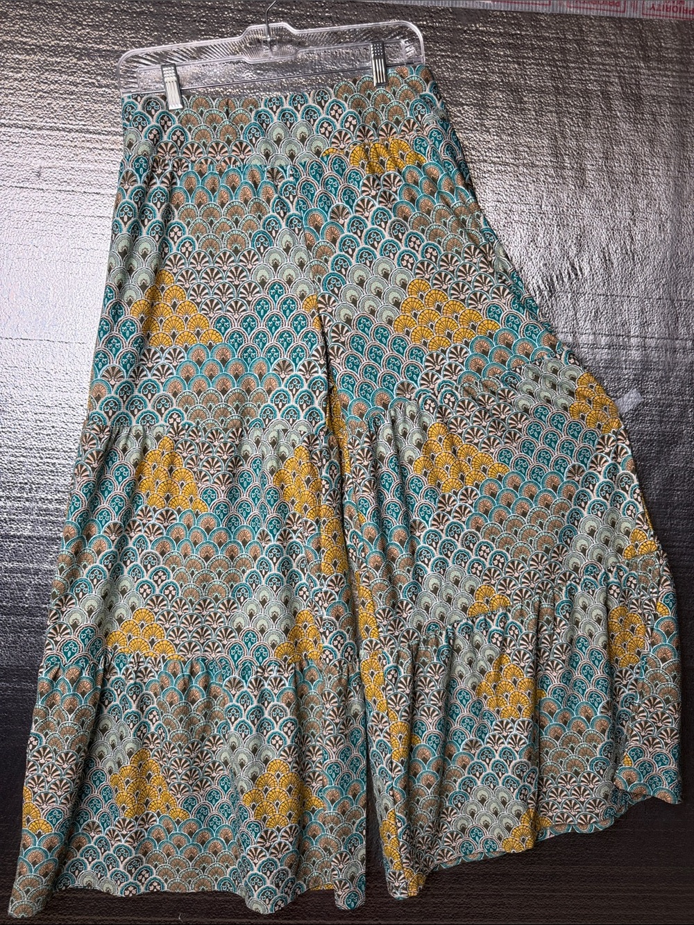 Cato Teal, Mustard & Cream Wide-Leg Tiered Palazzo Pants